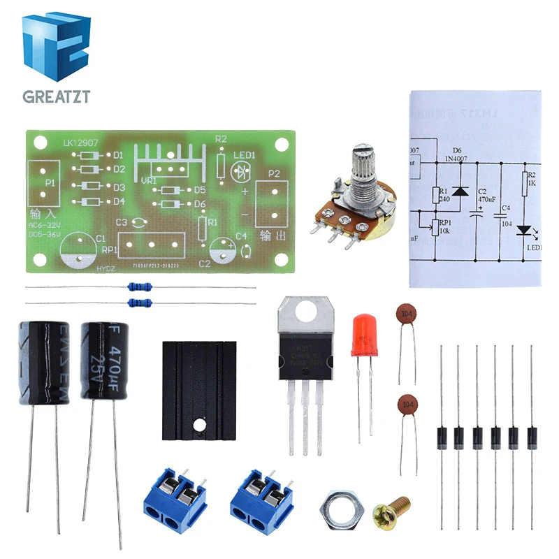 GREATZT LM317 Adjustable Power Supply Kit Continuous Adjustable DC Power Supply DIY Teaching Training Parts