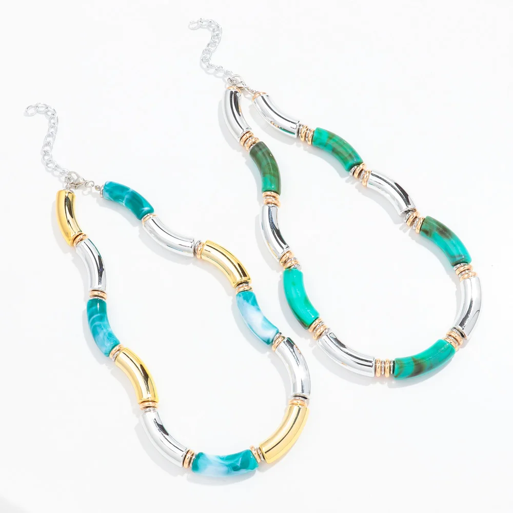New Colorful Acrylic Chunky Bamboo Tube Necklaces Bracelet Women Fashion Resin Elbow Beaded Bangle Choker Stackable Jewelry Gift