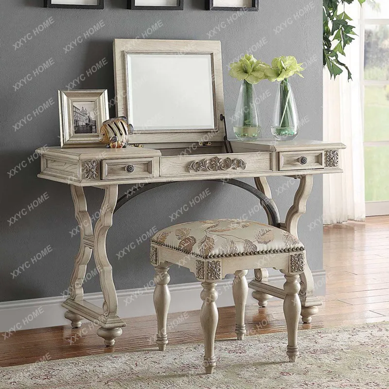 Light luxury bedroom small apartment dressing table can be hidden clamshell mirror makeup table