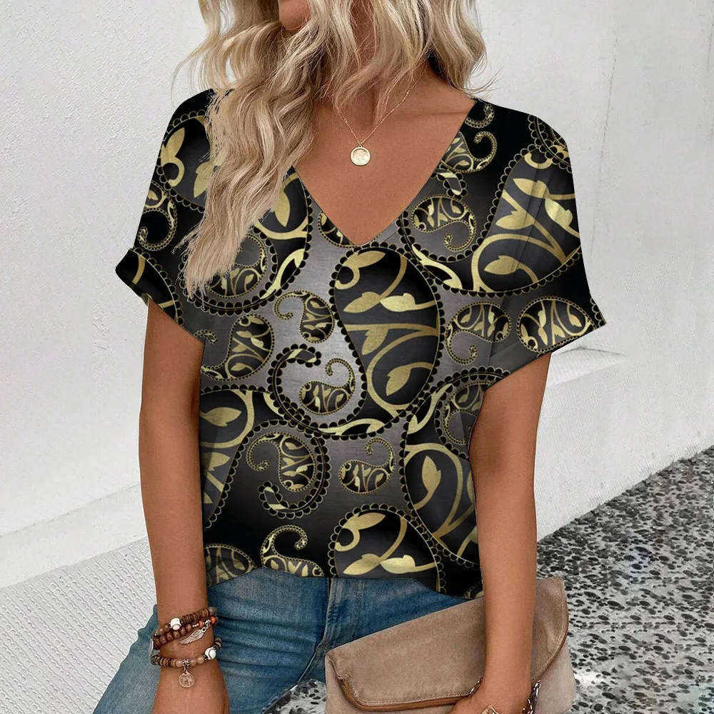 2024 Women\'s V-neck T-shirt Fashion Retro Gold Necklace Pattern  T-shirt  Women\'s Short Sleeved T-shirt Summer Leisure T-shirt