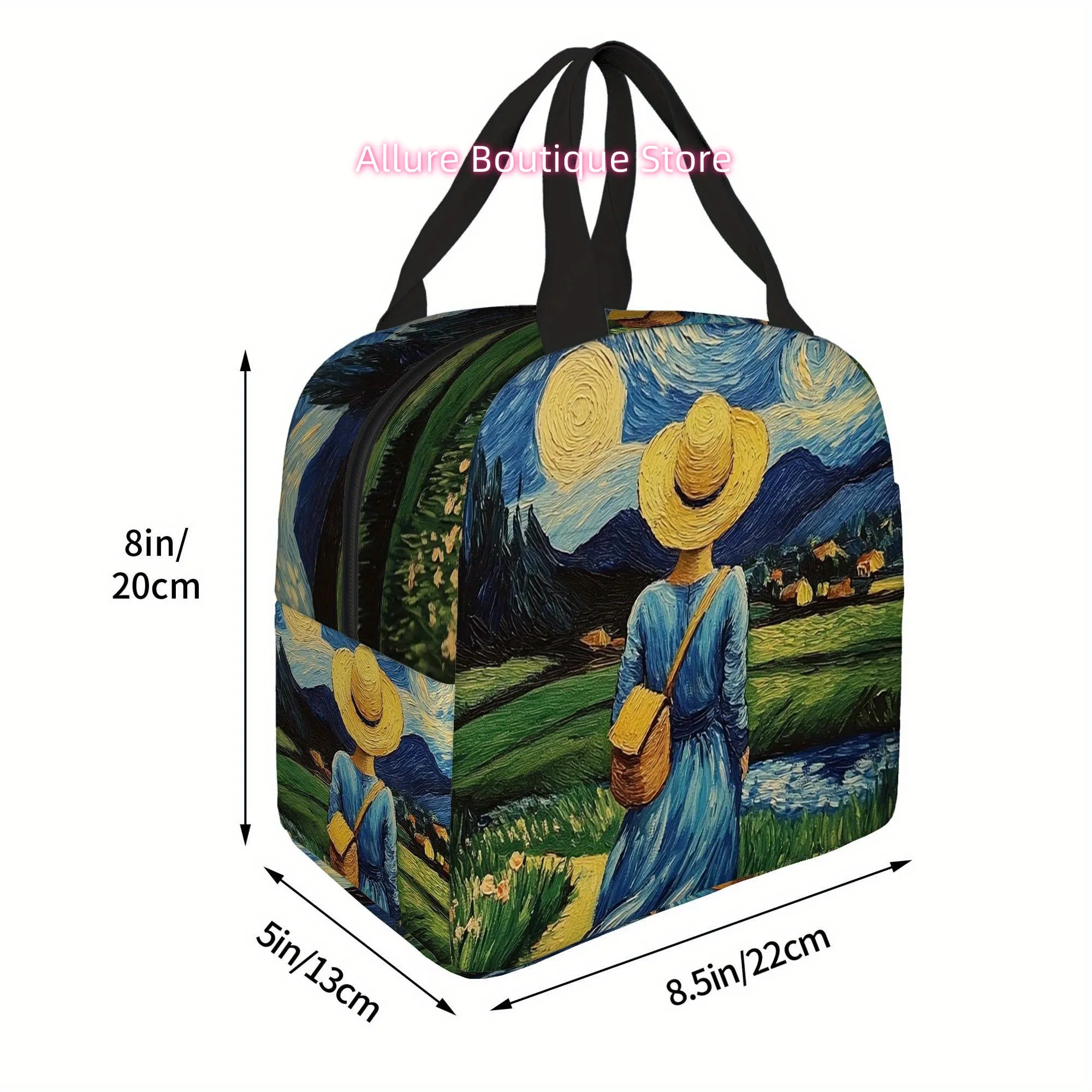 1pc Thermal Insulated Bag - Van Gogh Starry Night Inspired Design with Woman in Blue Dress & Straw Hat - Non-Food Contact Therma