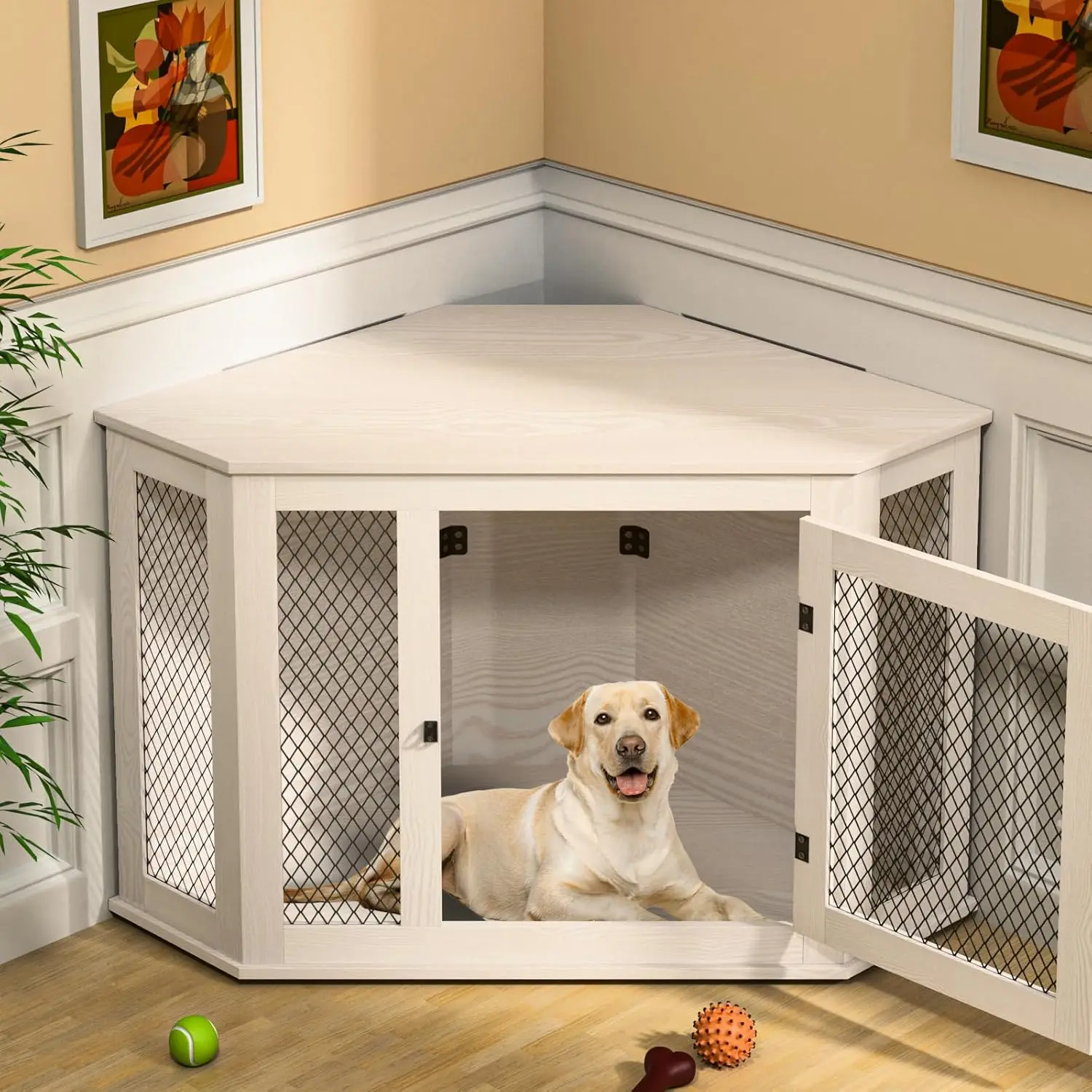 

Corner Dog Crate Furniture, 52" Wooden Dog Kennel Furniture End Table with Mesh, Dog Kennel Indoor Furniture for Small Medium