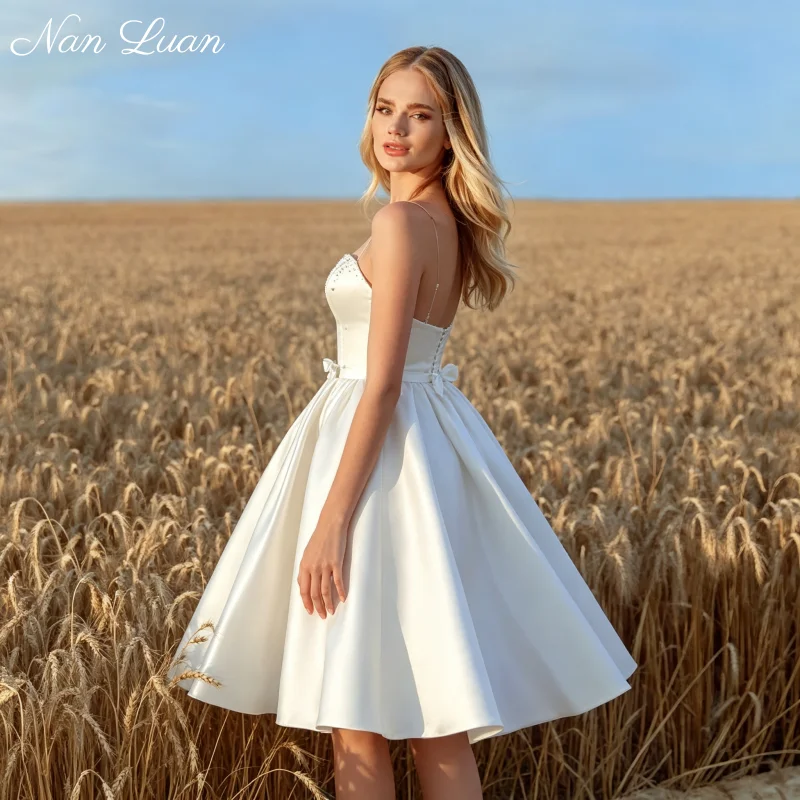 26 Styles Spaghetti Strap V Neck Satin Midi Wedding Dress Bow Waist A Line Skirt Lace Up Back Vestidos de Novia Customized