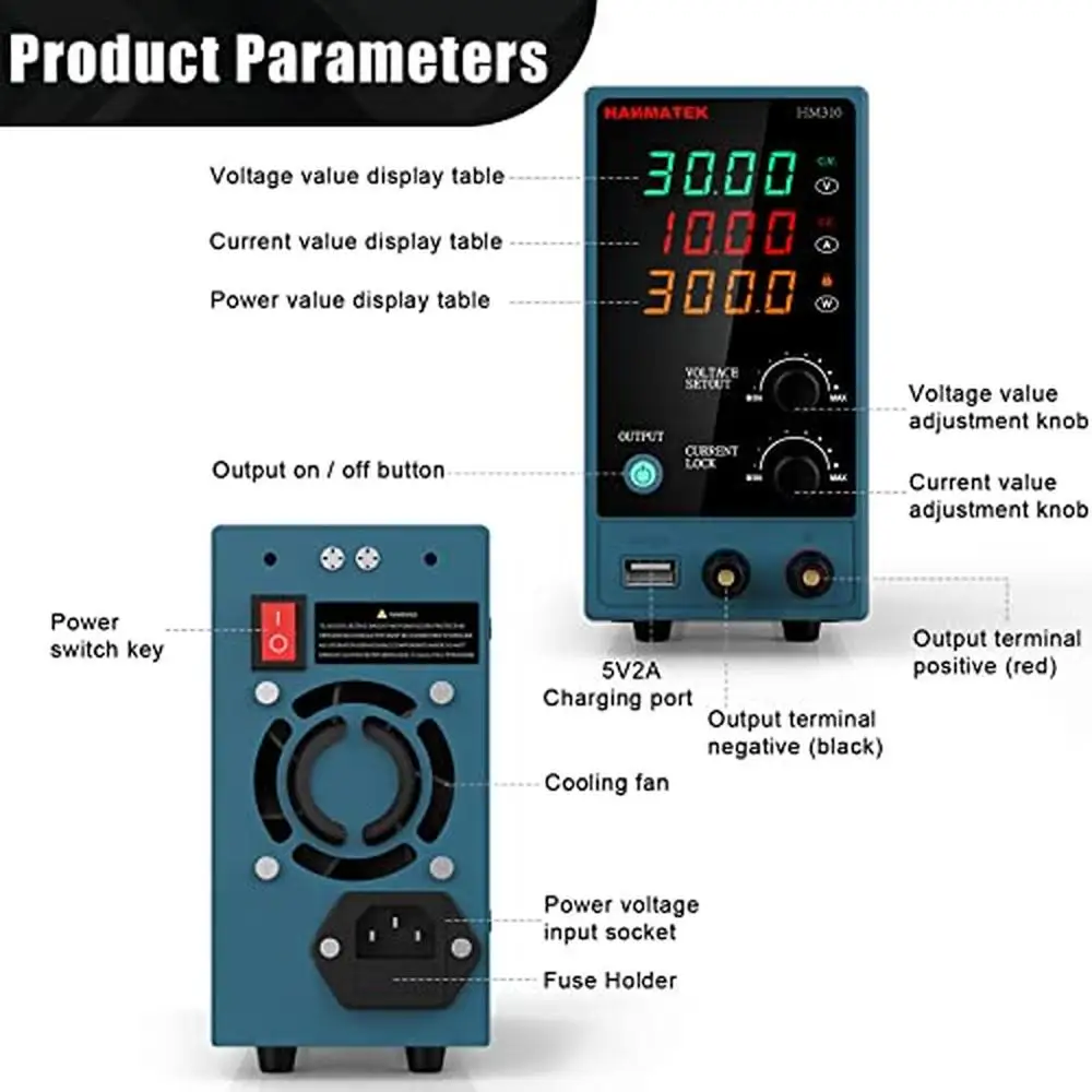 Digital Bench Power Supply HM310 Mini Variable 0-30V 0-10A Output Enable Safety Protection USB Charging