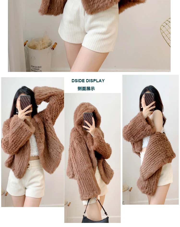 Long Sleeve Casual Loose Knitted Real Rabbit Fur Hooded Coat Women Genuine Natural Rabbit Fur Outwear Female Fur Jacket