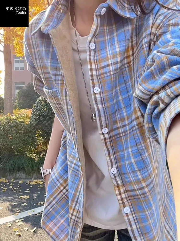 Men's Plaid Long Sleeve Shirt Fleece Lined Thickened Warm Vintage Collar Inner Wear American Style Coat for Autumn Winter