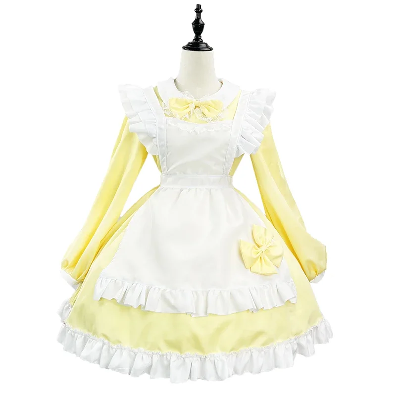 Костюм в стиле "Лолита", желтое фиолетовое платье, косплей-костюм горничной, наряд с бантом, милые платья с длинным рукавом, большие размеры, суперкостюм