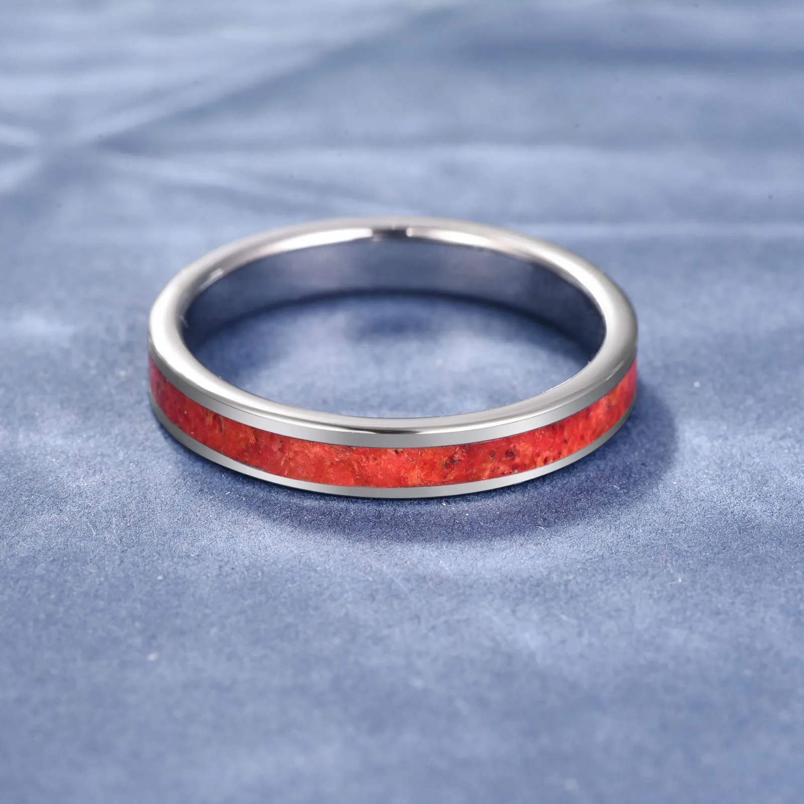 Nuncad 4mm 8mm Tungsten Carbide Steel Ring Falt Steel Brushed Inlaid Red Grass Coral Ring For Men Fashion Jewelry