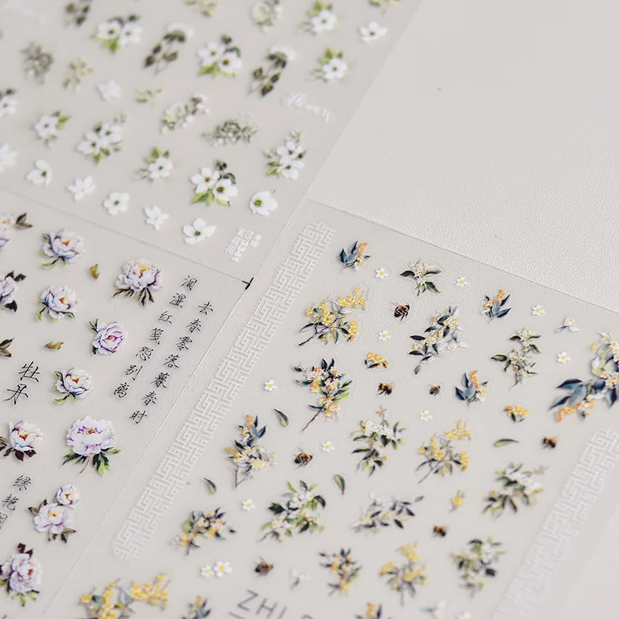 1 stks 5D Mooie Bloem Nail Art Stickers Pioen Osmanthus Jasmijn Acryl Nageldecoratie Decals Hoge Kwaliteit Nail Stickers