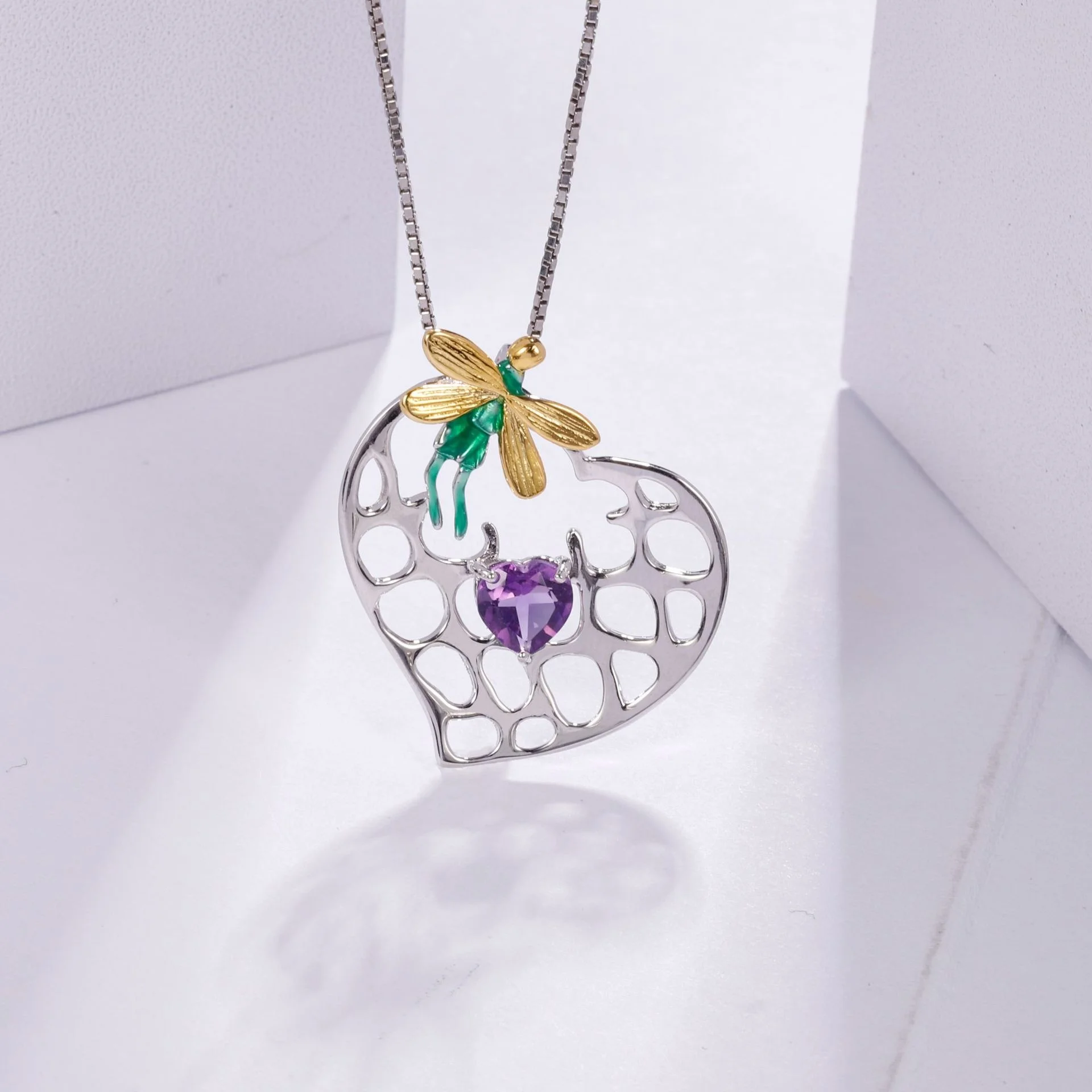 Luxury brand genuine real jewels Designer's sense pendant Peter Pan's heart 925 Silver Enamel Natural Amethyst Necklace Pendant