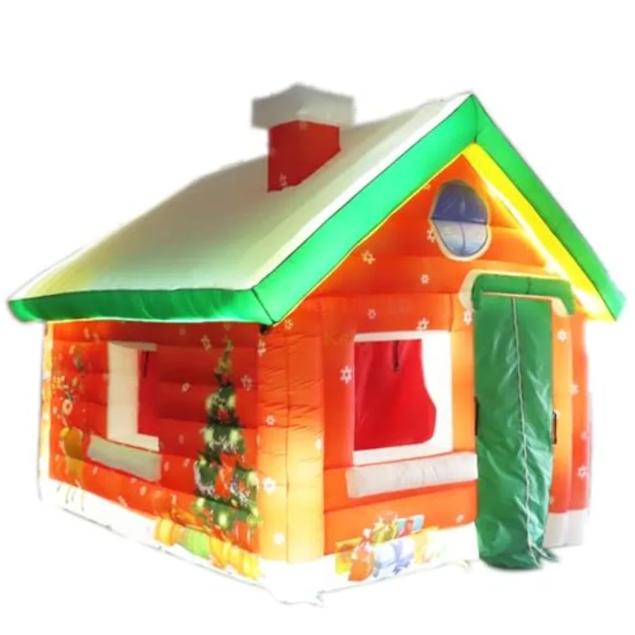 Portable Inflatable Christmas House For Outdoor Party Use, PVC Material, White With Red Accents, Built-In White Lights And Fest