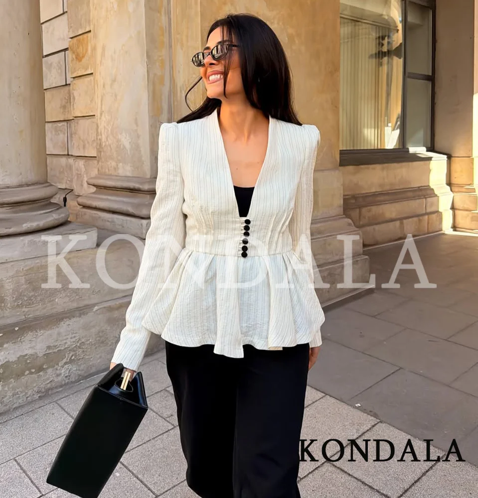 

KONDALA Women Elegant V-Neck Blazer 2026 Spring Summer Trendy Commute Striped Blazer Ladies High Street Pleated Hem Slim Blazer