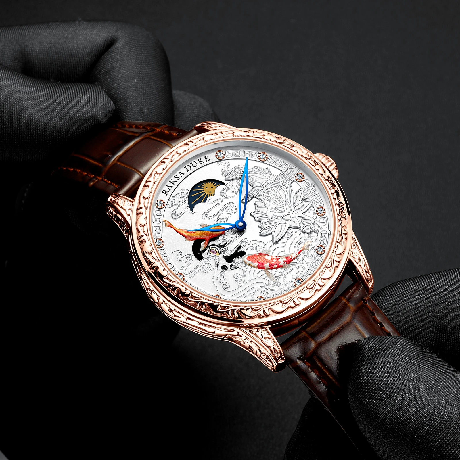 Automatyczny zegarek mechaniczny dla mężczyzn Luksusowy zegarek na rękę 3D Fish Fashion Wodoodporny zegarek z fazą księżyca