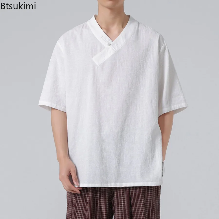 2024 Traditional Chinese Hanfu Tops Men's Loose Casual T-shirt Kimono Breathable Retro Cotton Linen Shirt TaiChi Kung Fu Uniform