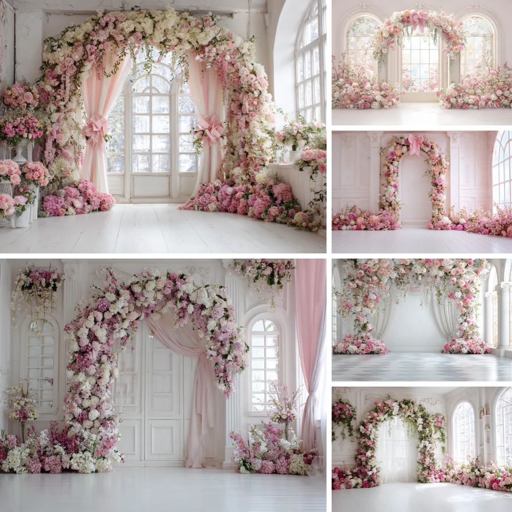 

Elegant floral photography wedding background pink and white roses green plants and intricate White doors and windows Curtain
