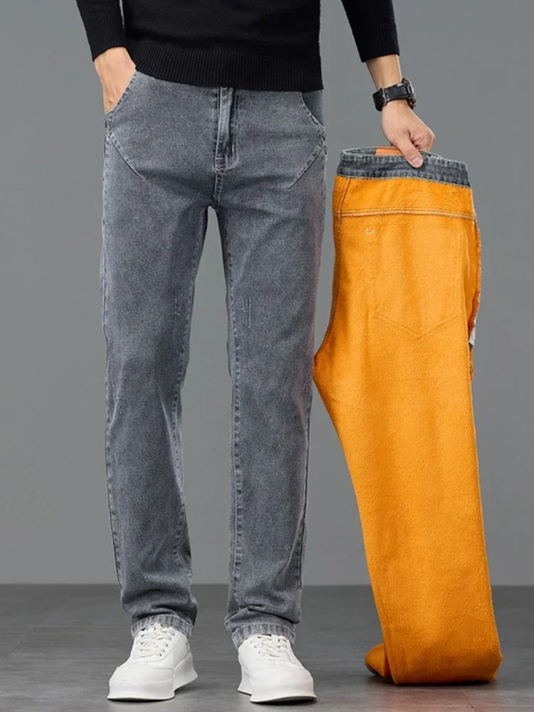 厚手暖かいスリムフリースジーンズメンズ冬新作ビジネスストレッチベルベットパンツ韓国風グレープラッシュデニムパンツ男性用