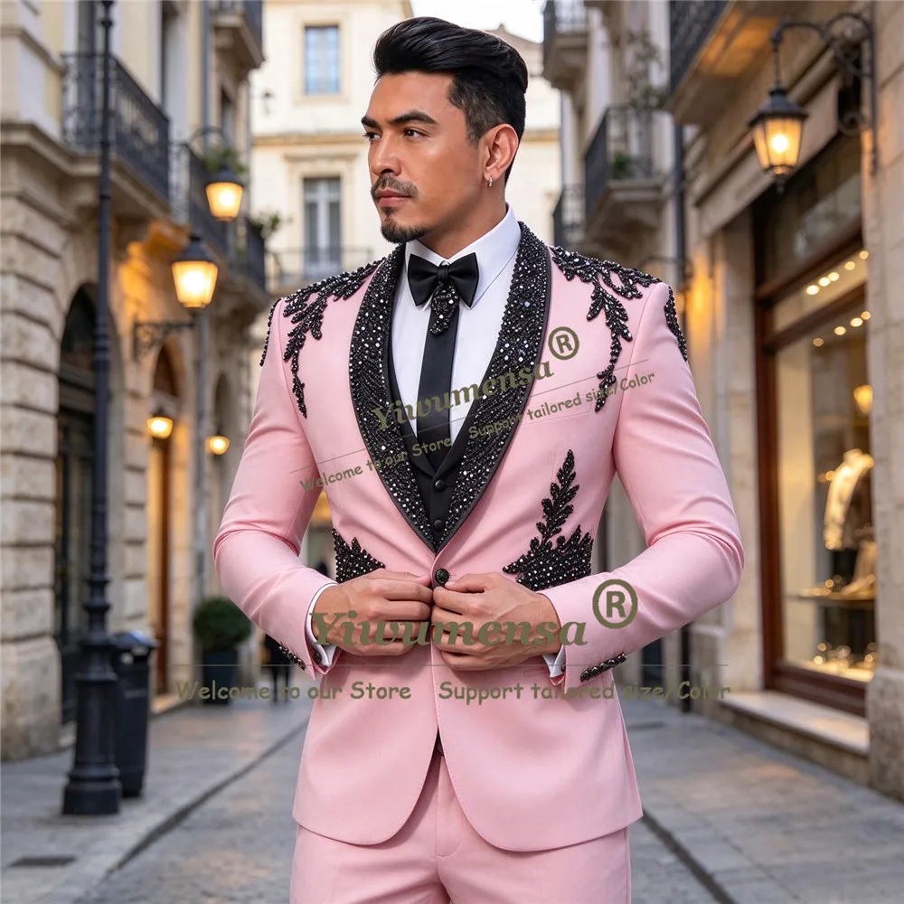 Exclusive Men's Suit Formal Wear Black Beaded Stones Groom Prom Blazer Customized 3 Pieces Man Banquet Tuxedo Oautfit Plus Size