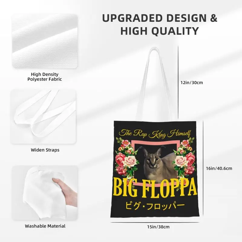 Big Floppa Floral Aesthetic Grocery Tote Shopping Bag donna Kawaii Cat Canvas Shopper borsa a tracolla borse di grande capacità