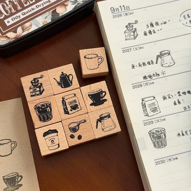 Vintage Coffee Pot Cup Bean Wood Stamp Set for Diary Junk Journal Deco DIY Handicraft Material Scrapbooking Wooden Seal view 5