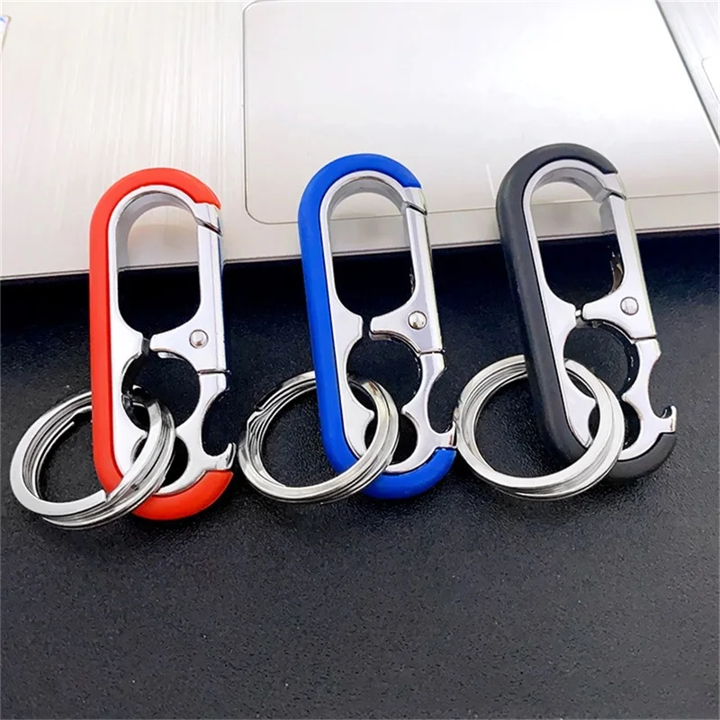 Multi-function Solid Color Zinc Alloy Waist Hanging Lock Bottle Opener Keychain Men's Business Double Ring Keychain Pendant Gift
