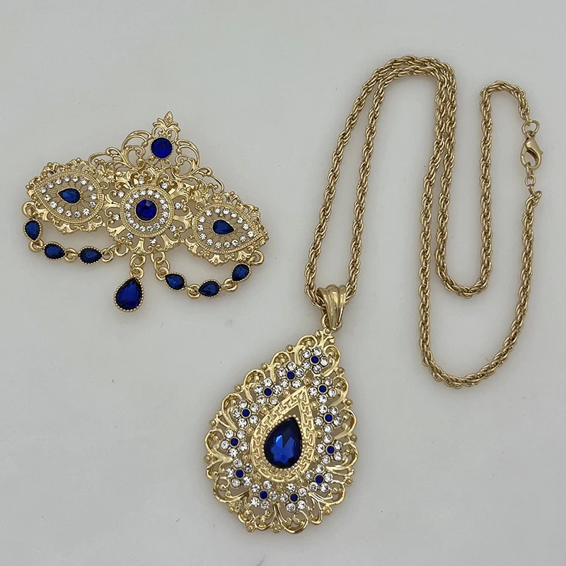 Royal Blue Water Drop Pendant Necklace Chain Gold Plated Jewelry Set Morocco Algeria Wedding Jewelry Birdal Luxury Wome Gifts