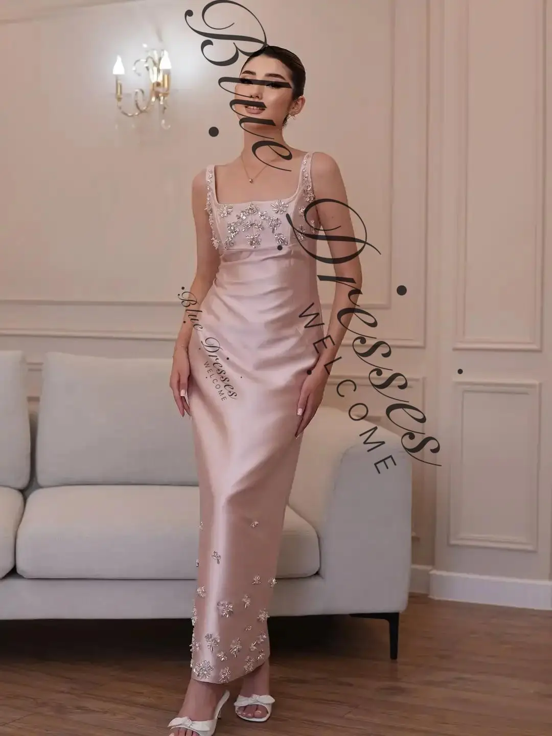 customized Pink Straight Sleeveless Prom Dresses Square Party Pleated Beadings Evening Dresses Ankle Length Party Dresses