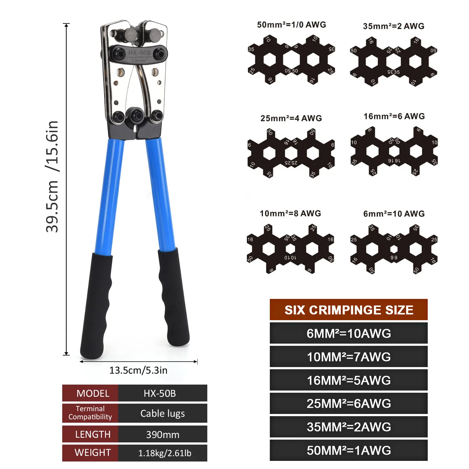 HX-50B 6-50mm² Battery Cable Lug Crimping Tool for AWG 10-1/0 Heavy Duty Wire Lug Tube Terminal Crimper Hex Crimp Tools Pliers