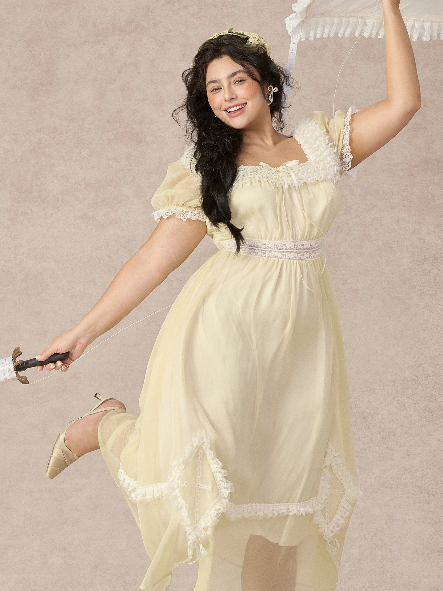 

Yellow Kite Large Size Women's Dr Bubble Sve Lace Princ Dr Country Sle A-Line Midi Dr Ba Zipper ort Sve