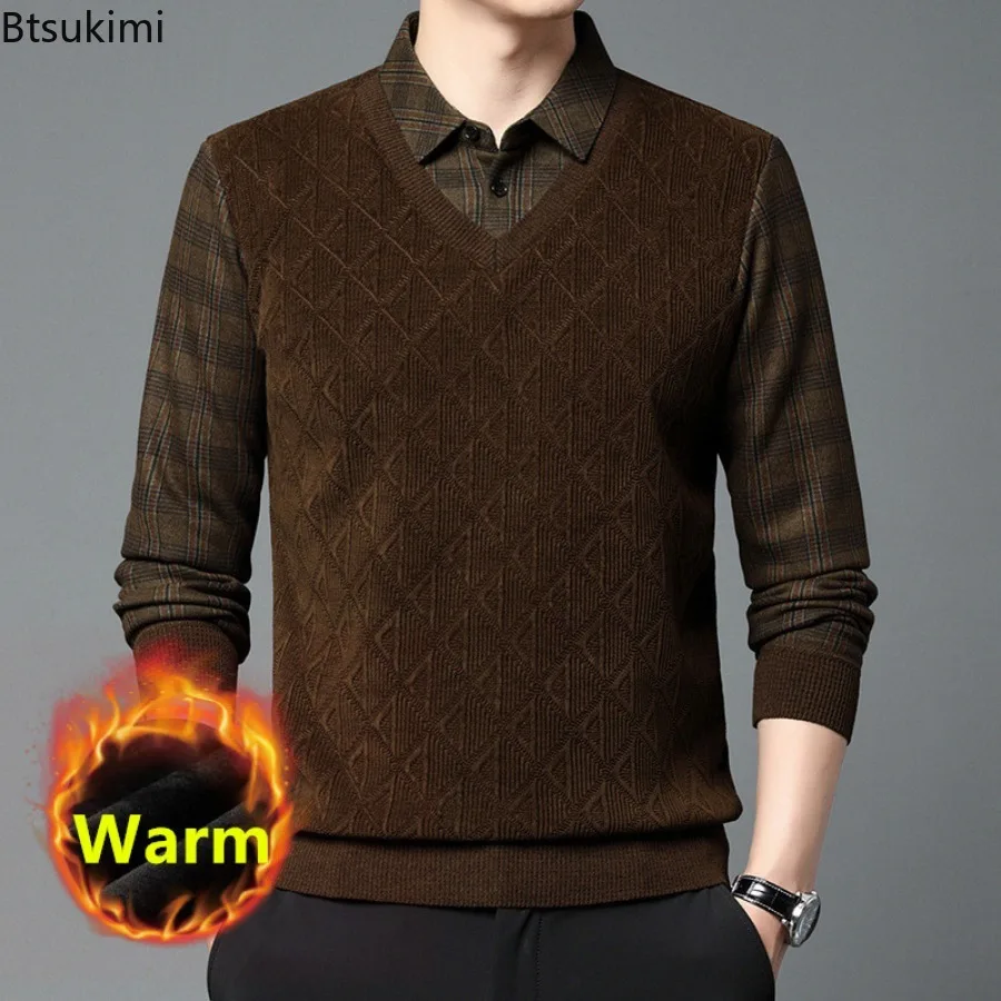 New 2024 Men's Fake Two Piece Sweaters Trendy Business Casual Plus Velvet Thicker Warm Knit Pullover Man Jacquard Bottoming Tops