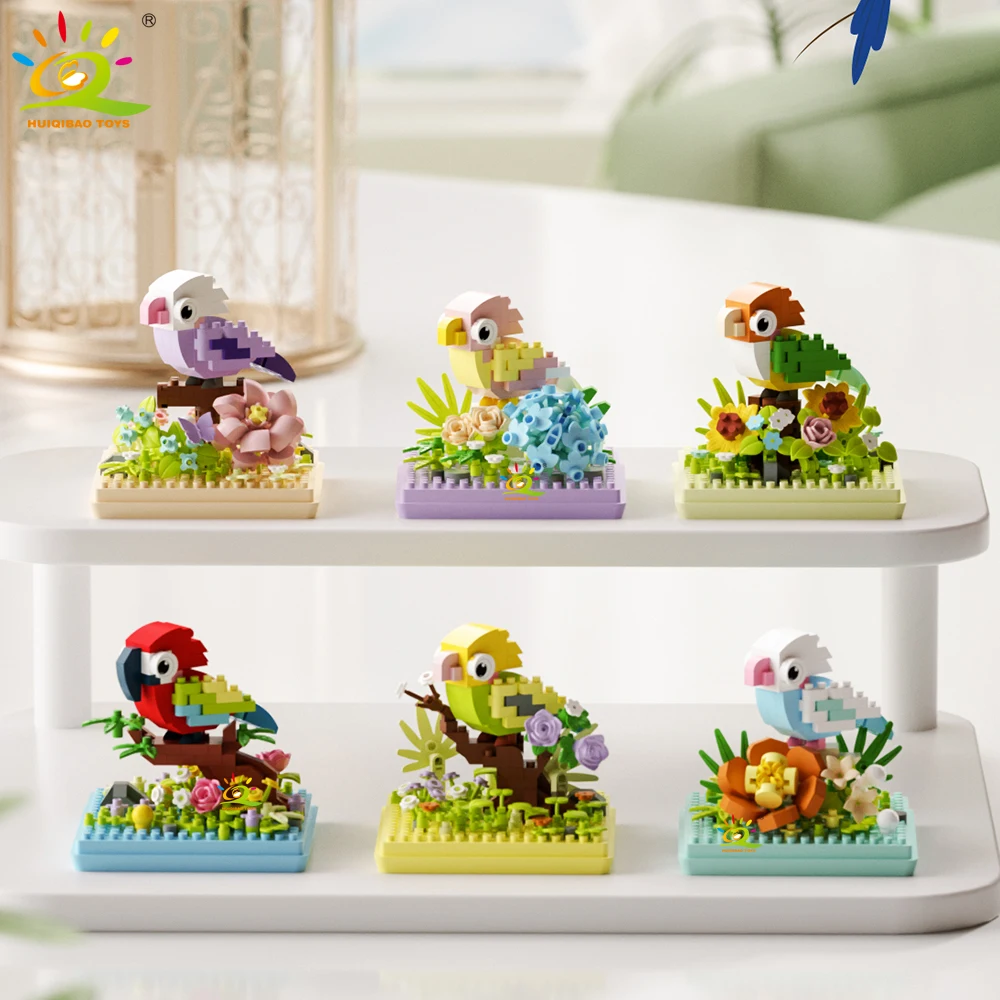 HUIQIBAO MOC Parrot Bird Flower with Display Box Micro Building Block Mini Diamond Model Brick Toy for Children Desk Decor.
