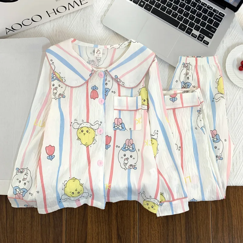 

Chiikawa Pjs Hachiware аниме 2 шт. мультяшные пижамы для родителей и детей, топы с длинными рукавами, брюки, милый детский комплект домашней одежды принцессы для девочек