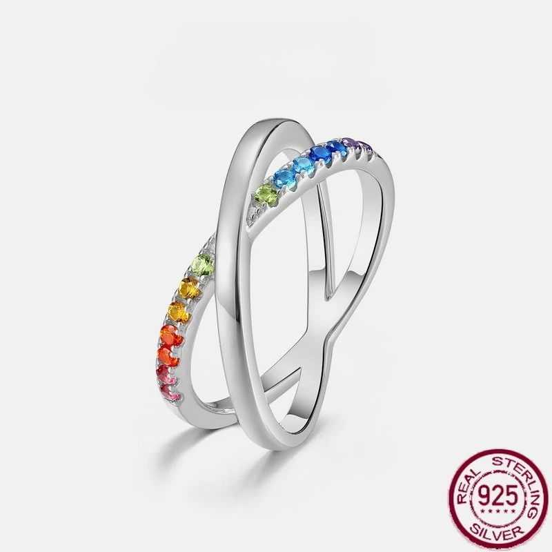 

New S925 pure silver double circle cross rainbow zircon simple ring European and American light luxury wedding jewelry