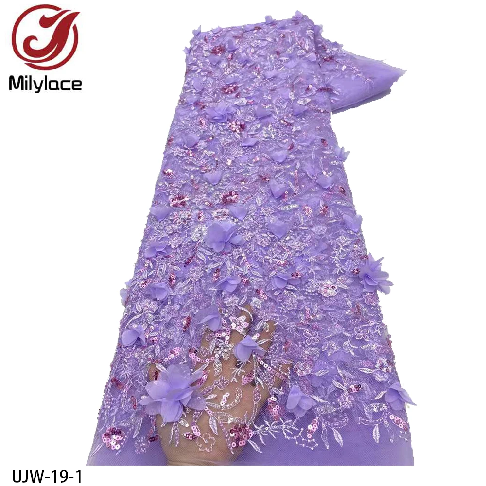 

African 3D Flower Lace Fabric Dubai Beaded Sequins Tulle Lace Fabric Embroidered Fabric for Sewing UJW-19