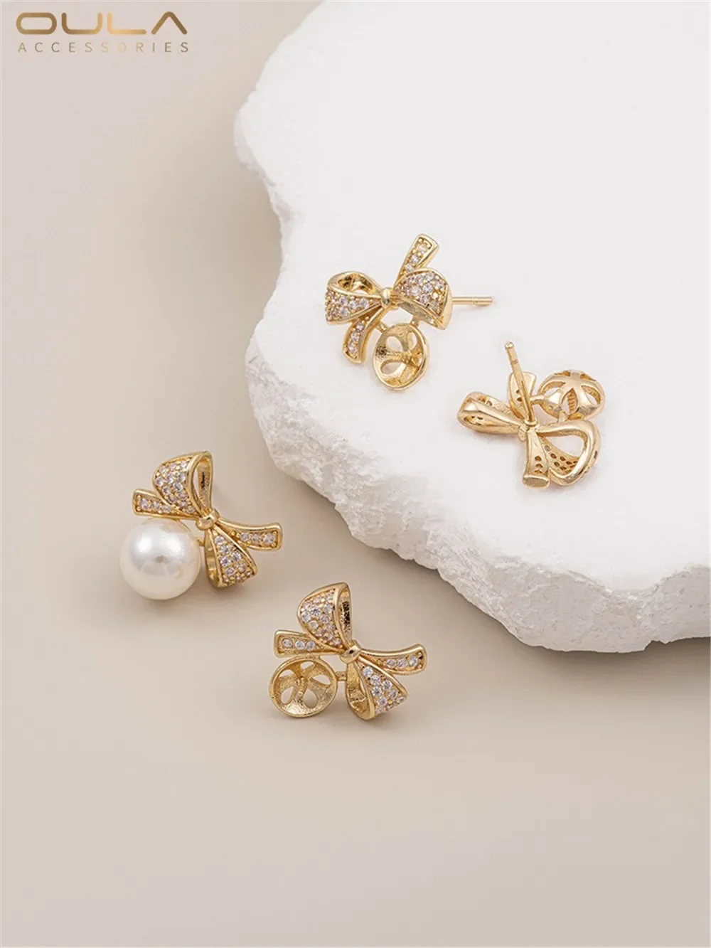 Color Preservation 14K Gold Gold Zircon Bow Half Hole Pearl Bracket Earrings 925 Silver Needle Diy Earrings Materials
