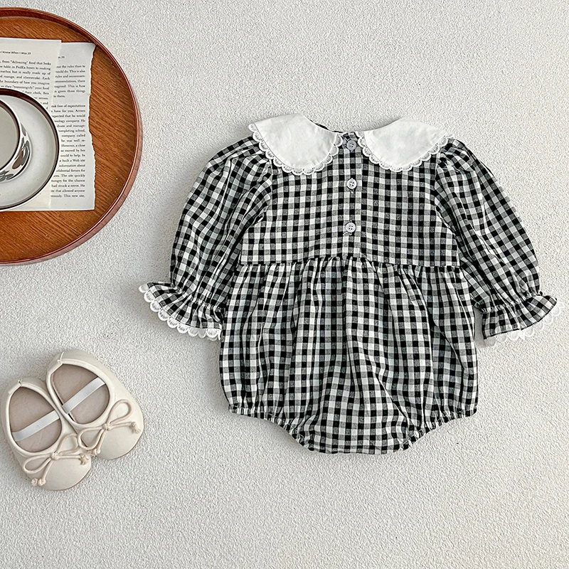 New Newborn Bodysuit Fashion Baby Romper Lace Peter Pan Collar Black White Grid Infant Girl Jumpsuit 0-2Yrs Baby Girls Clothing