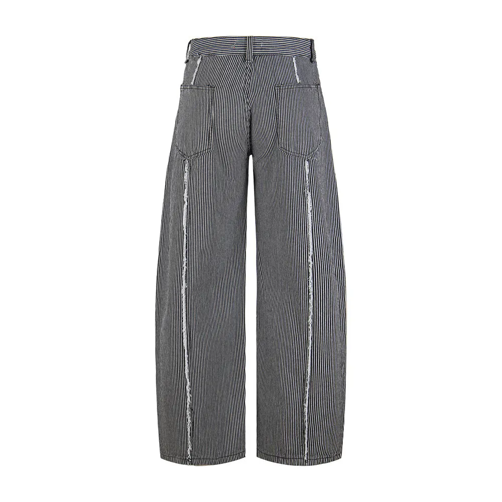 MWJLPWQ American Vertical Striped Wide-Leg Jeans Trendy Men's Casual Pants Unique Design Deconstructed Patchwork Trouserrs 21423