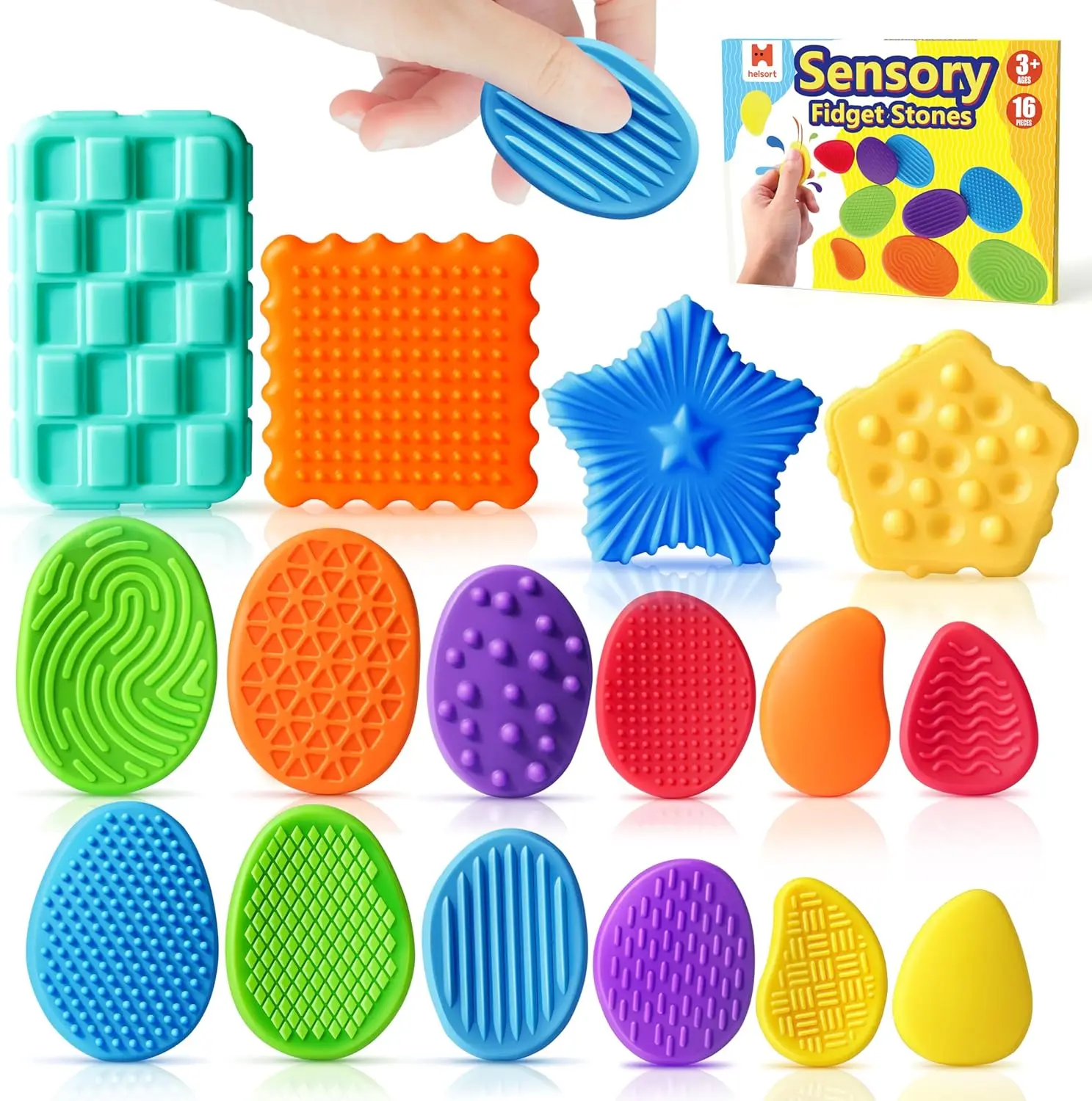 

16 Pcs Textured Worry Stones for Anxiety Relief, Sensory Fidget Toys for Kids Adults, Quiet Calming Fidgets for Classroom