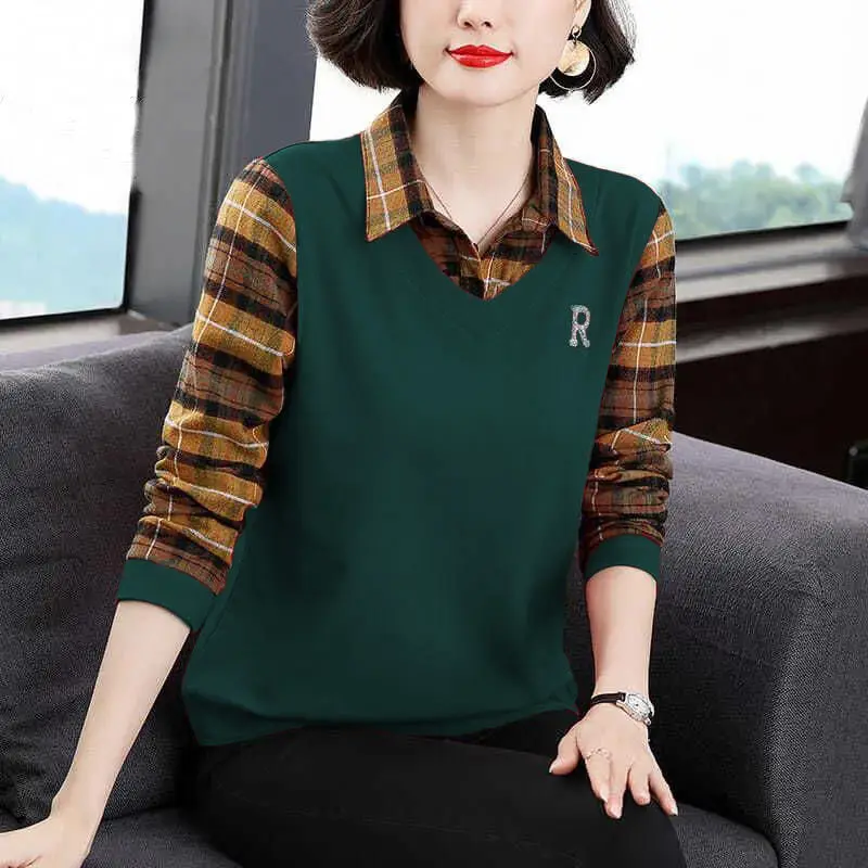 Autumn Winter Fashion patchwork fake two pieces Ladies All-match Plaid Turn-down Collar Long sleeve Polo Shirts women clothing