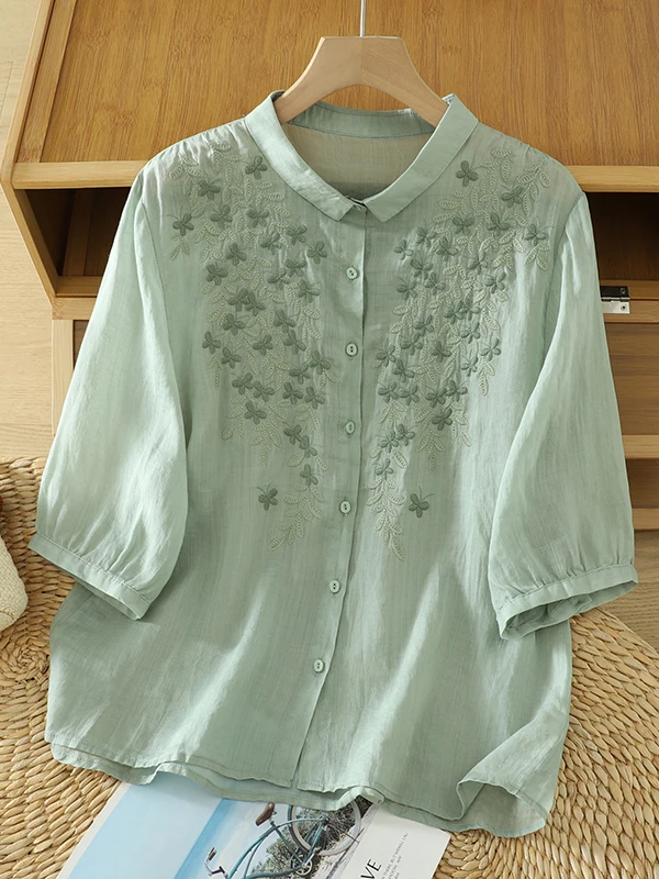 كتان مطرز غير رسمي irt رقيقة ort Sve بدوره إلى أسفل طوق زر متابعة المرأة حجم كبير الصيف irt الفني Sle #2