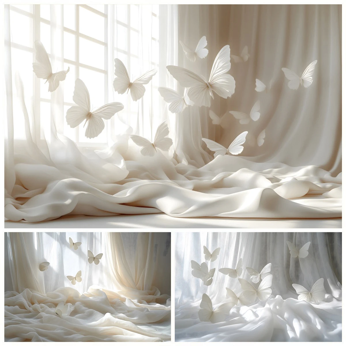 

Wedding Bridal Shower Backdrop for Photography White Curtains Butterfly Window Baby Shower Kids Portrait Photo Background Banner