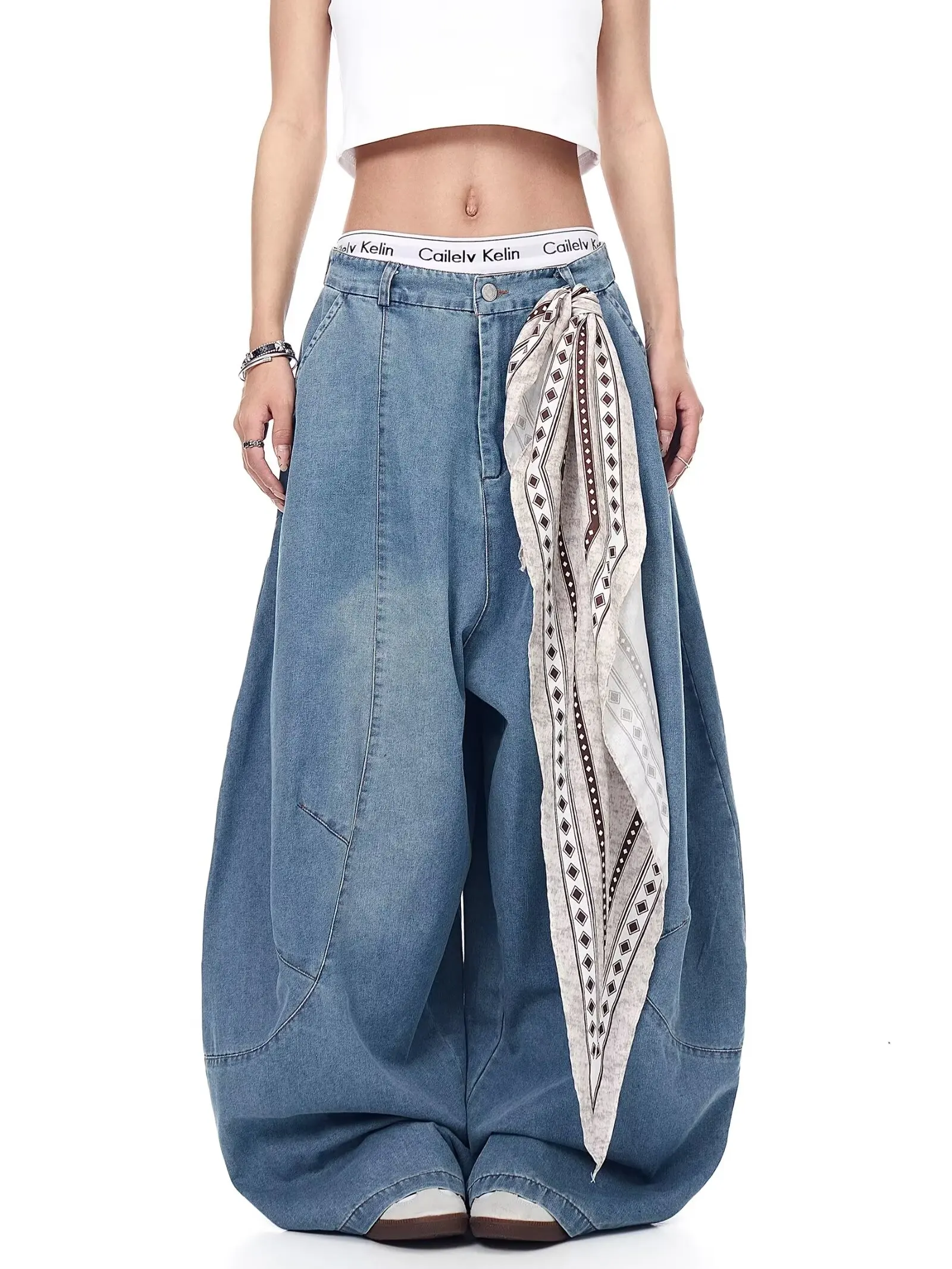 

Y2K Vintage Washed Women Jeans Harajuku Oversize Wide Leg American Retro Pants Baggy Casual Summer Trousers Gift Handkerchief