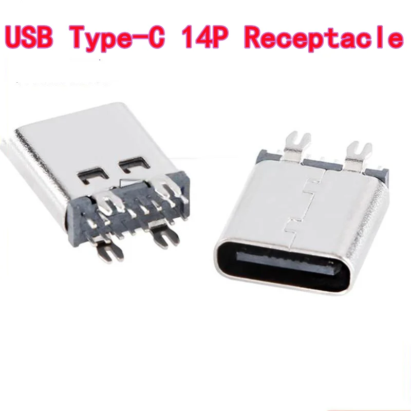 10PCS USB Type-C 14P Receptacle, USB Connector Vertical Mount with Four Forked Pins, 10.0mm Height, Fast Charging USB Connector