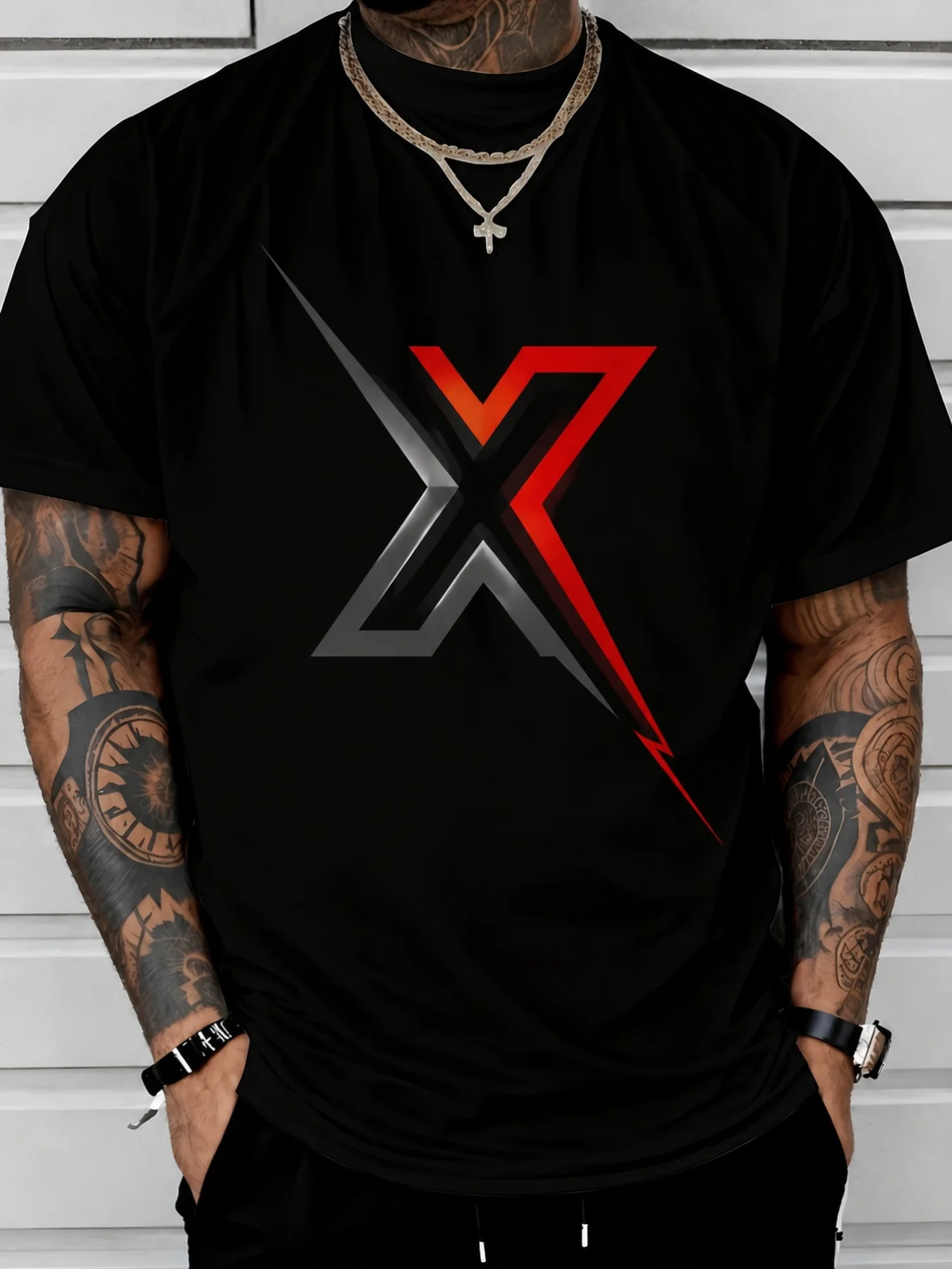 Bold Abstract X Lightning Symbol Dark Street Style Women's Graphic Crew Neck T-Shirt, Suitable for Tattoo Enthusiasts to Wear at Night, Black, Red, and Gray Geometric Print Loose Casual Top