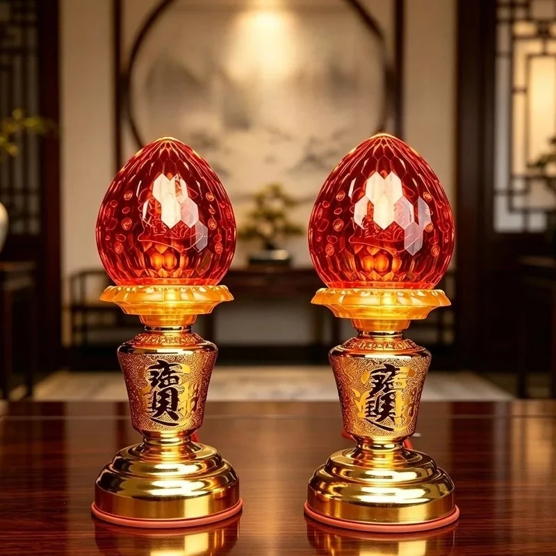 2pcs Chinese Wealth Attracting LED Buddha Lamp Red Crystal Lotus Shape Electric Prayer Light Home Altar Worship Meditation Decor