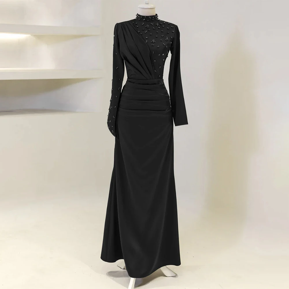 

Black Mermaid Evening Dress Long Sleeves Crystal High Collar Wedding Party Gowns for Women 2024 Trumpet Elegant Formal Dresses