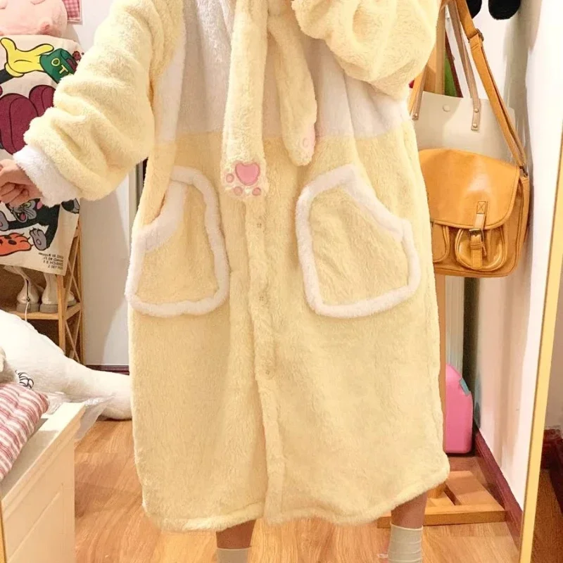 Warm Coral Velvet Pajamas Bathrobe Kawaii Girls Autumn Winter Sleepwear Thicken Soft Plush Hooded Long Homewear Women Loungewear