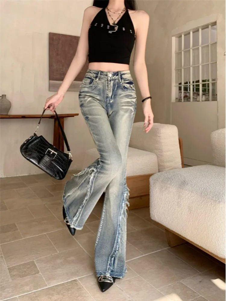 Fashion Raw Edge Splicing Jeans Woman Plus Size American Retro Hottie Slim Floor Mopping Casual Bell Bottoms High Waisted Jeans