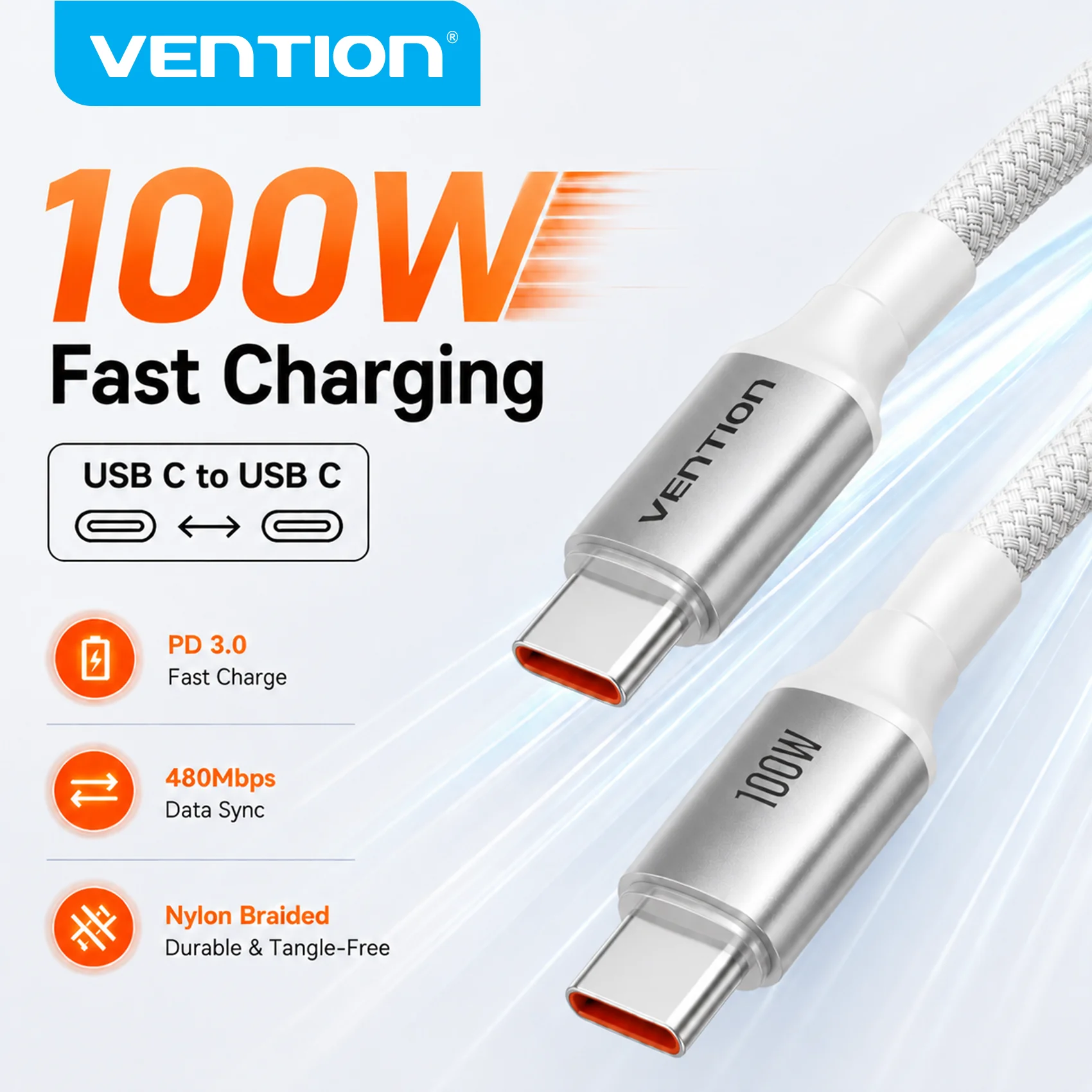 Vention 100W USB-C Kabel USB-C auf Typ-C PD3.0 Schnellladekabel Typ-C Datenkabel für MacBook iPhone 17 16 15 Samsung S24 S25 Xiaomi 17