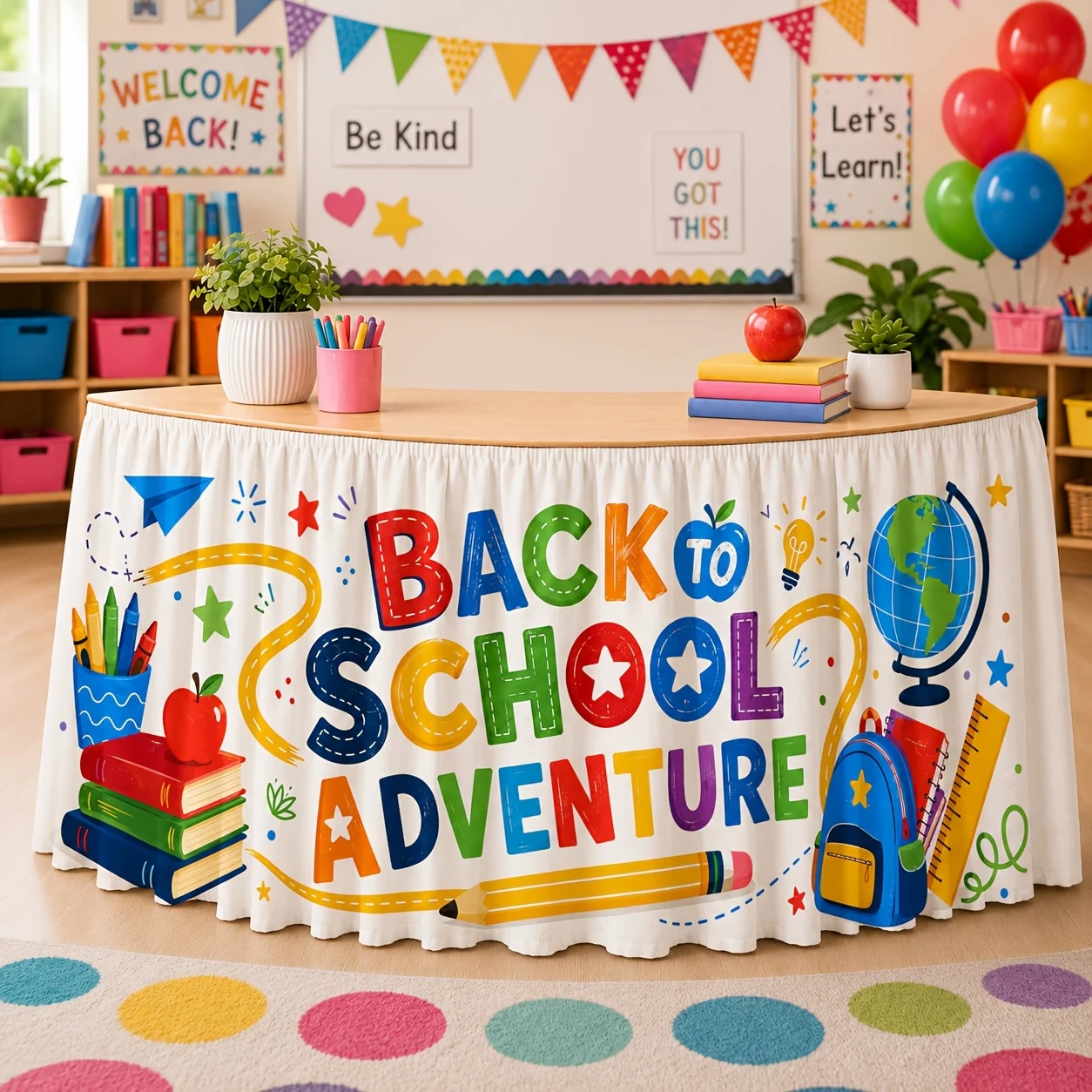Party table skirt, 1 piece. Back-to-school adventure colorful book pencil backpack globe school-themed decorationxzj
