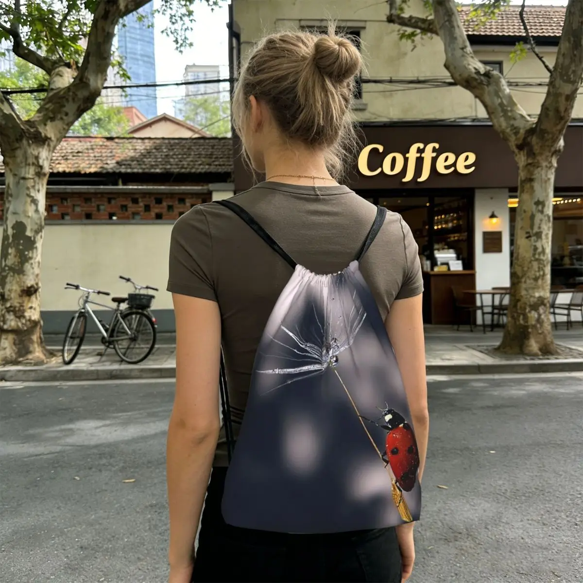 Cute Ladybug With Dandelion Design Backpacks Fashion Drawstring Bundle Pocket Sports Bag Book Bags for Travel School